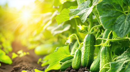 Vibrant cucumbers thrive in a sun-drenched garden, showcasing the beauty of nature and agriculture. Lush greenery and warm sunlight enhance the scene.の素材