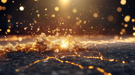 A mesmerizing scene of glowing particles erupting from the ground, creating a warm and magical atmosphere with vibrant bokeh effects illuminating the space.の素材
