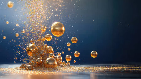 A captivating image featuring golden bubbles rising gracefully from a sparkling surface, set against a lush blue background. This stunning visual showcases the interplay of light and texture, creating an enchanting atmosphere ideal for various themes, including celebration and elegance.の素材