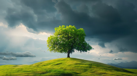 A stunning image of a solitary tree on a green hill, set against a dramatic sky filled with clouds, capturing the essence of natural beauty and tranquility.の素材