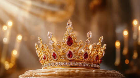 An elegant golden crown adorned with red and clear gemstones illuminates softly in a decorated setting. Perfect for themes of royalty and luxury.の素材