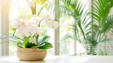 Enhance your space with a stunning white orchid arrangement in a woven basket, illuminated by soft natural light against a vibrant green background.の素材