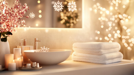 This serene bathroom scene features white towels, soft lighting, and elegant decor. Snowflakes create a cozy winter touch, enhancing relaxation.の素材