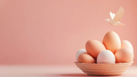 A serene composition featuring a bowl of eggs in soft tones, accompanied by a delicate paper bird, symbolizing spring and renewal in a minimalistic way.の素材