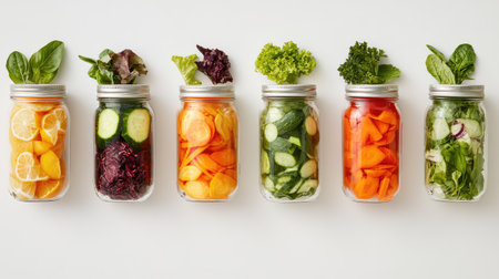 A vibrant display of fresh vegetables and fruits preserved in jars, perfect for meal preparation, healthy eating, and showcasing colorful nutrition in cooking.の素材