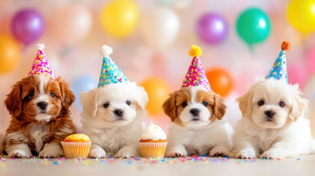 A delightful scene featuring four adorable puppies wearing colorful party hats, surrounded by cupcakes, confetti, and balloons, perfect for celebrating joyous moments.の素材