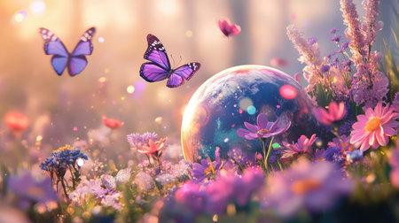 This enchanting scene captures a mystical forest, filled with vibrant flowers and ethereal butterflies dancing around a glowing globe, evoking tranquility and beauty.の素材