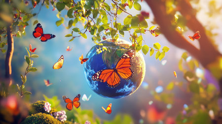 This captivating image features a glowing Earth surrounded by colorful butterflies and lush green foliage, embodying the beauty and harmony of nature in an enchanting scene.の素材