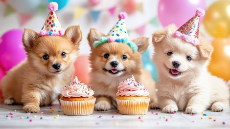 Three adorable puppies enjoy a festive celebration, wearing cute party hats and surrounded by colorful balloons and delicious cupcakes, creating joyful moments.の素材