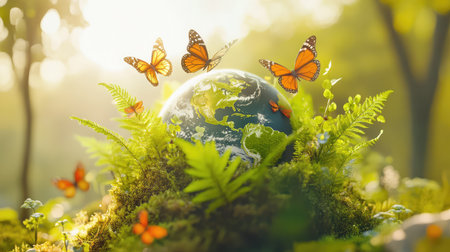 A stunning globe representing the Earth is encircled by lush greenery and fluttering butterflies, capturing the essence of nature's beauty and harmony.の素材