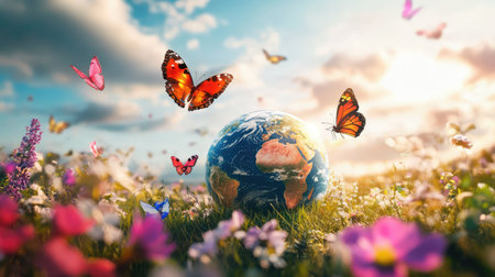 A breathtaking scene of Earth at the center, surrounded by vibrant butterflies and blooming flowers, showcasing the beauty of nature and wildlife harmony.の素材