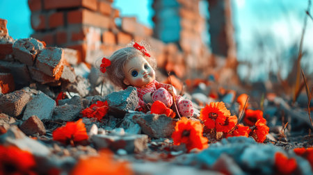 A nostalgic scene featuring an abandoned doll nestled among vibrant flowers and ruins, evoking feelings of innocence and forgotten childhood memories.の素材