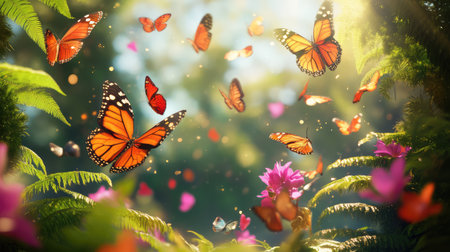 Experience the enchanting beauty of monarch butterflies as they dance among colorful flowers in a tranquil forest, bathed in soft sunlight.の素材