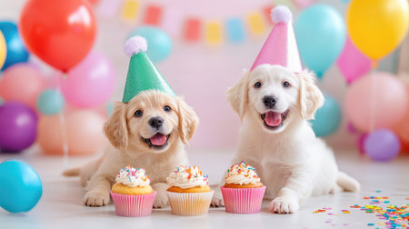Two joyful puppies wearing colorful party hats sit beside delicious cupcakes, embodying the festive spirit of a birthday celebration with vibrant decorations.の素材