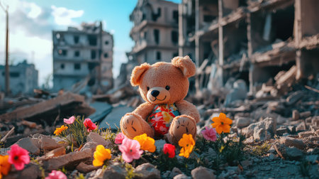 A teddy bear sits amidst colorful flowers in an urban landscape marked by destruction. This image highlights the contrast between innocence and devastation, evoking emotions of hope and resilience.の素材