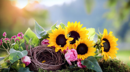 This beautiful scene showcases vibrant sunflowers alongside delicate pink roses and a nest, capturing the tranquility of nature in a serene garden setting.の素材