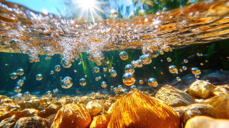 Stunning view of bubbles rising from the bottom of a clear stream, illuminated by radiant sunlight, showcasing the beauty of nature and tranquility.の素材