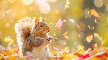 A charming squirrel stands among vibrant autumn leaves, enjoying acorns while colorful foliage cascades around, creating a serene nature scene.の素材