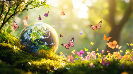 A captivating nature scene featuring Earth surrounded by colorful butterflies and vibrant flowers, capturing the essence of spring and tranquility.の素材