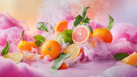 A stunning arrangement of fresh citrus fruits surrounded by colorful smoke, showcasing vibrant oranges, lemons, limes, and grapefruit in an artistic style.の素材