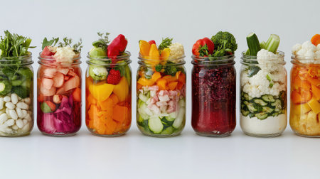 A vibrant collection of fresh fruits and vegetables displayed in glass jars, showcasing healthy meal prep ideas and promoting nutritious eating habits.の素材