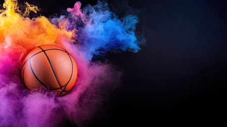 A striking image of a basketball surrounded by colorful smoke, representing energy and action in sports. Perfect for themes of fitness and competition.の素材