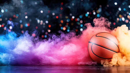 A vibrant basketball surrounded by colorful smoke and bokeh lights, perfect for sports-themed designs or creative projects depicting energy and motion.の素材