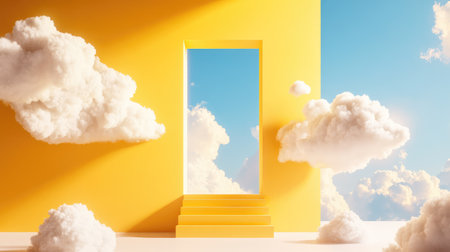 A surreal scene featuring a striking yellow doorway that opens to a vast blue sky adorned with fluffy white clouds, surrounded by soft sunlight.の素材