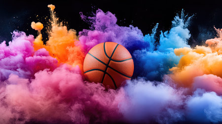 This dynamic image features a basketball surrounded by colorful smoke in vibrant hues, capturing energy and motion in a stunning artistic display.の素材