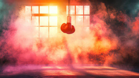A striking image of boxing gloves hanging in a gym, surrounded by colorful smoke and vibrant sunlight. This scene evokes a sense of determination and intensity, perfect for fitness themes.の素材