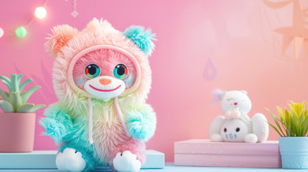 This charming image showcases a colorful plush toy with a playful personality, set in a cozy pastel environment. The inviting atmosphere is perfect for creative ideas and joyful moments.の素材