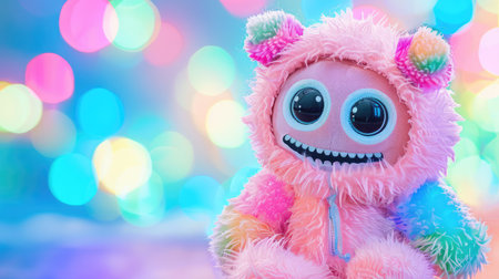 This vibrant plush toy features large expressive eyes and a fuzzy hoodie, set against a colorful bokeh background, perfect for capturing joy and whimsy.の素材