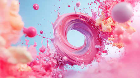 Vibrant swirling pink liquid creates an abstract art piece, showcasing dynamic movement and texture against a soft blue backdrop. Perfect for creative projects.の素材
