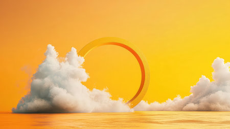 This surreal image captures a vibrant orange sunset with a golden ring rising from fluffy clouds over calm water, evoking a dreamlike atmosphere.の素材