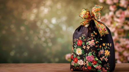A beautifully crafted black gift bag features intricate floral embroidery and a vibrant bow, ideal for enhancing any special occasion or celebration.の素材