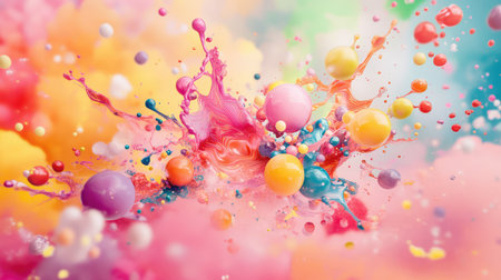 A stunning abstract image showcasing a colorful explosion of liquid, bubbles, and splashes, featuring vibrant hues that evoke creativity and joy.の素材