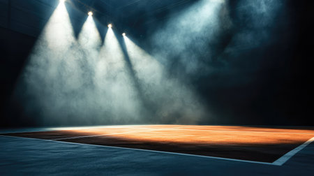 Empty sports court illuminated by dramatic spotlights and mist, creating a captivating atmosphere for performances and artistic showcases.の素材