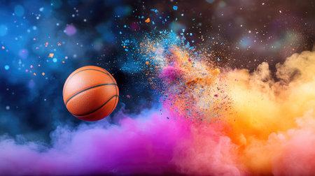 A vibrant basketball captured in mid-air, surrounded by an explosion of colorful dust and particles. This dynamic image evokes energy and excitement.の素材