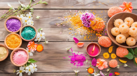Experience the vibrant colors of Holi festival with beautifully arranged decorative sweets, colorful powders, and fresh flowers on a wooden surface.の素材