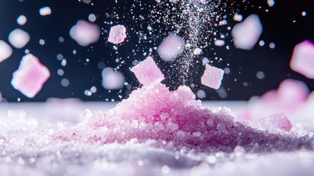 A stunning close-up of pink sugar cubes gracefully falling above a mound of white granulated sugar. The image captures a whimsical culinary moment with a soft focus and artistic flair, perfect for food-related themes and sweet creations.の素材