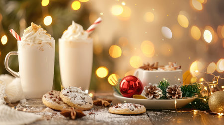 Cozy winter scene featuring festive drinks topped with cream, cookies, and cheerful decorations, evoking a warm holiday spirit and celebratory mood.の素材