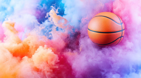 A striking image of a basketball surrounded by vibrant colorful smoke. This visual captures the energy and excitement of sports, making it ideal for fitness and athletic promotions.の素材