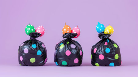 This whimsical image features three colorful polka dot trash bags with playful balloons, creating a fun and festive atmosphere against a soft purple background.の素材