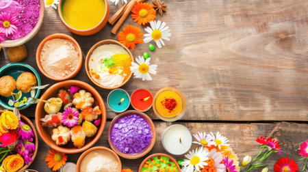This vibrant image showcases a colorful arrangement of spices, powders, sweets, and flowers, creating a festive atmosphere perfect for celebrations and gatherings.の素材