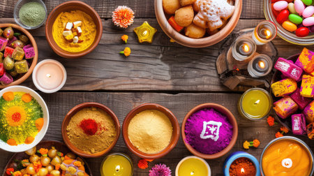A vibrant display of traditional Indian festival sweets, colorful powders, candles, and floral decorations set on a rustic wooden table, capturing the festive atmosphere.の素材