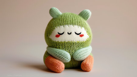 This charming knitted frog toy features soft pastel colors and a sleepy expression, making it a perfect gift for children or a decorative piece for any nursery.の素材