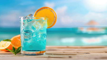 A vibrant blue tropical drink garnished with an orange slice and mint leaves, served in a glass with ice cubes against a serene beach backdrop.の素材