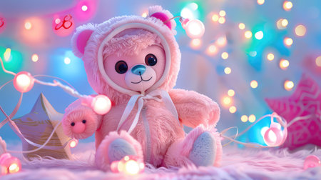 A charming pink teddy bear dressed in a cozy outfit sits amid enchanting colorful lights, creating a whimsical atmosphere perfect for children's decor and photography.の素材