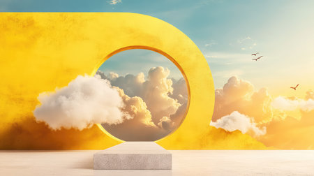 A vivid yellow archway frames a beautiful view of soft clouds and a tranquil sky, inviting the viewer into a serene, dreamlike landscape. Perfect for inspiration.の素材