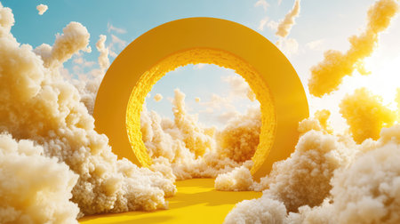 A striking yellow archway stands amidst soft, fluffy clouds under a bright sky. This imagery evokes feelings of hope, creativity, and new beginnings, perfect for themes of inspiration and exploration.の素材